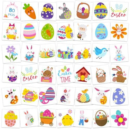Konsait 80 Pcs Easter Temporary Tattoos – Bunny & Egg Tattoo Stickers for Kids, Easter Basket Fillers, Party Favors & Supplies