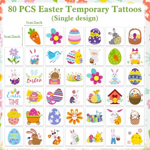 Konsait 80 Pcs Easter Temporary Tattoos – Bunny & Egg Tattoo Stickers for Kids, Easter Basket Fillers, Party Favors & Supplies - görsel 8