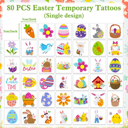 Konsait 80 Pcs Easter Temporary Tattoos – Bunny & Egg Tattoo Stickers for Kids, Easter Basket Fillers, Party Favors & Supplies