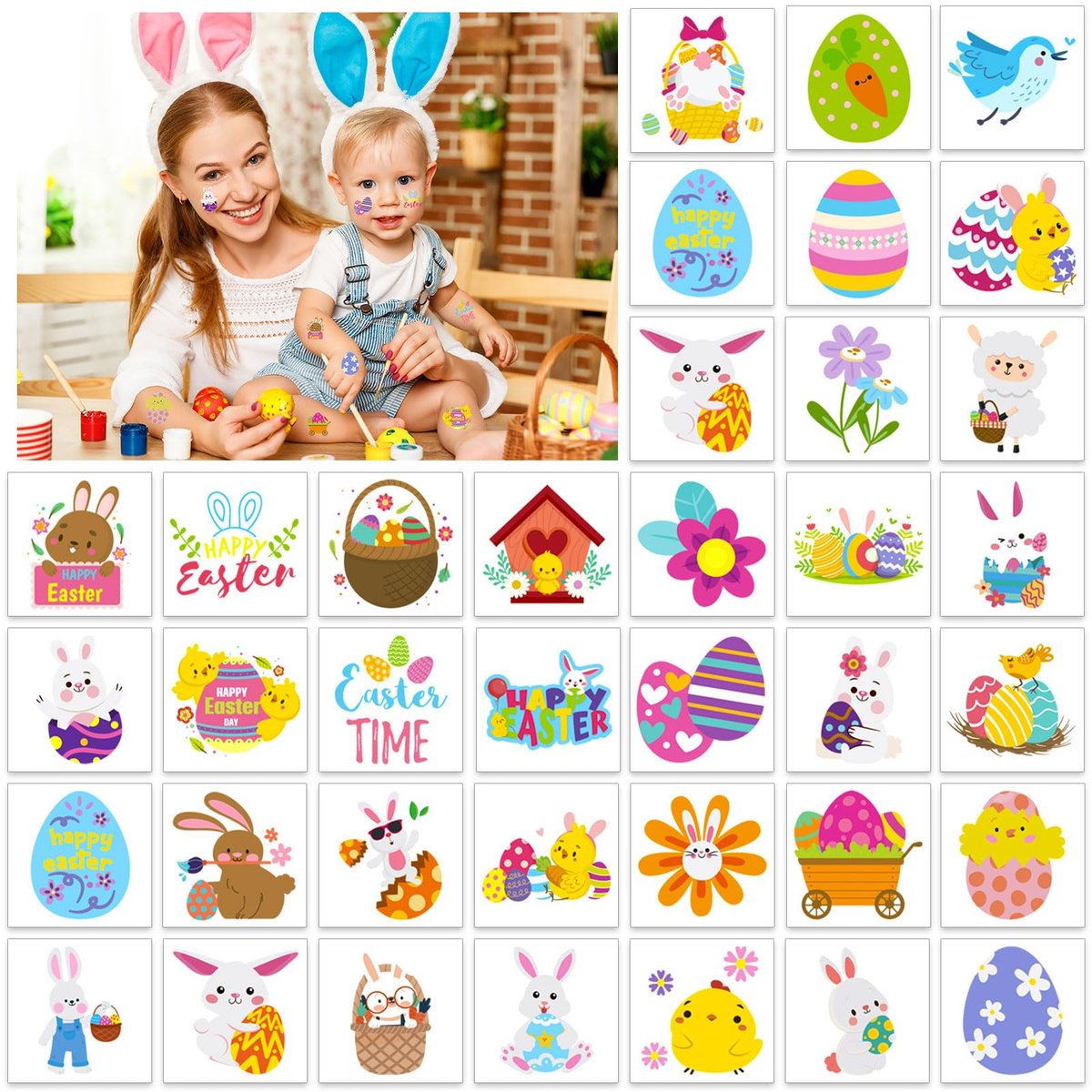 Konsait 80 Pcs Easter Temporary Tattoos – Bunny & Egg Tattoo Stickers for Kids, Easter Basket Fillers, Party Favors & Supplies - görsel 5