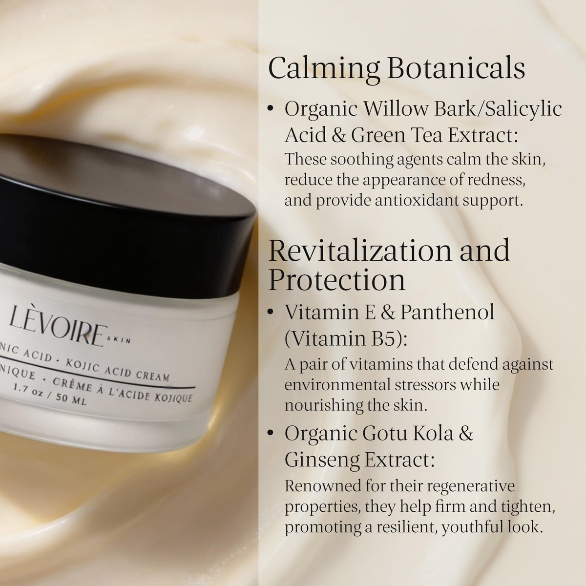 LEVOIRE SKIN Kojic Acid and Hyaluronic Acid Face Cream - Hydrating Brightening Moisturizer & Dark Spot Remover for Glowing Skin - with Aloe, Shea Butter & Licorice Root, Vegan, 2 oz - görsel 7