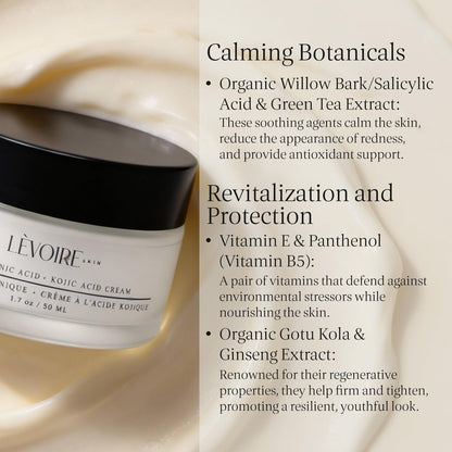 LEVOIRE SKIN Kojic Acid and Hyaluronic Acid Face Cream - Hydrating Brightening Moisturizer & Dark Spot Remover for Glowing Skin - with Aloe, Shea Butter & Licorice Root, Vegan, 2 oz