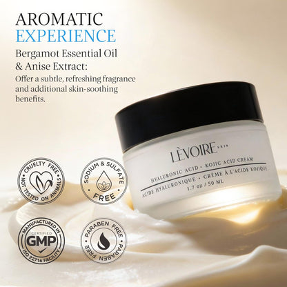 LEVOIRE SKIN Kojic Acid and Hyaluronic Acid Face Cream - Hydrating Brightening Moisturizer & Dark Spot Remover for Glowing Skin - with Aloe, Shea Butter & Licorice Root, Vegan, 2 oz