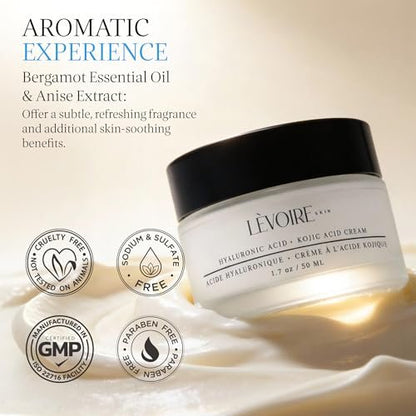 LEVOIRE SKIN Kojic Acid and Hyaluronic Acid Face Cream - Hydrating Brightening Moisturizer & Dark Spot Remover for Glowing Skin - with Aloe, Shea Butter & Licorice Root, Vegan, 2 oz