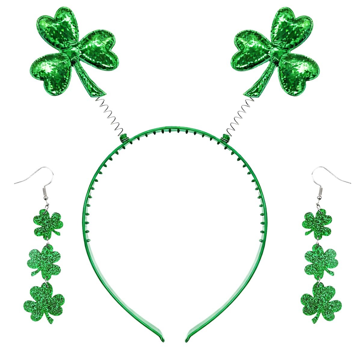 Kaefsros St. Patrick's Day Headband Set - Green Shamrock Headbands with Glitter Shamrock Earrings for Women - görsel 1
