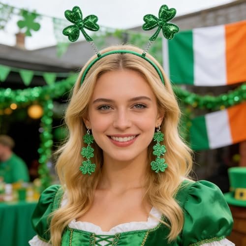 Kaefsros St. Patrick's Day Headband Set - Green Shamrock Headbands with Glitter Shamrock Earrings for Women - görsel 12