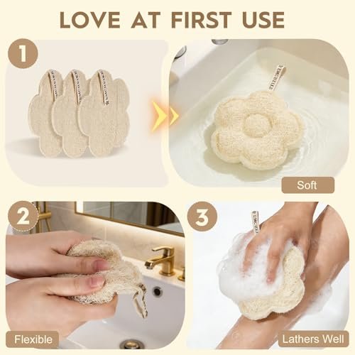 EMCHEIKE Natural Loofah Exfoliating Body Scrubber – 3 Pack Egyptian Shower Loofah Sponge with Adhesive Hook Avelisse