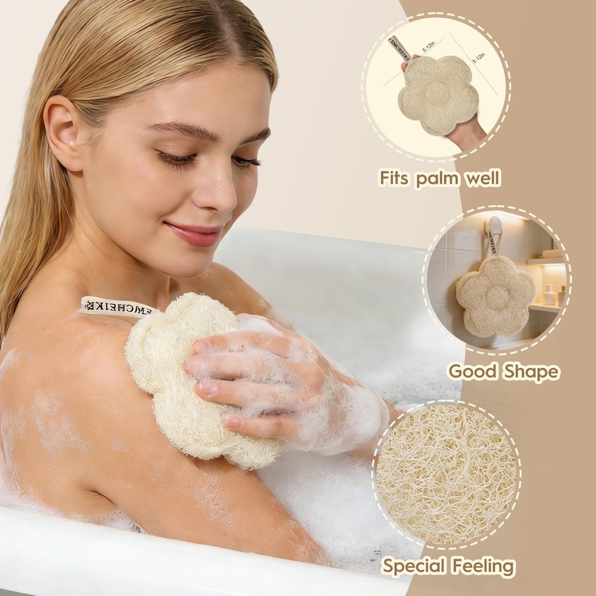 EMCHEIKE Natural Loofah Exfoliating Body Scrubber – 3 Pack Egyptian Shower Loofah Sponge with Adhesive Hook Avelisse