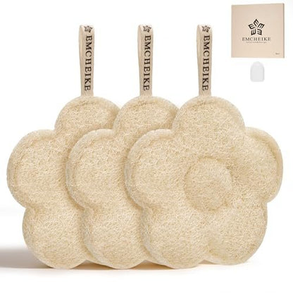 EMCHEIKE Natural Loofah Exfoliating Body Scrubber – 3 Pack Egyptian Shower Loofah Sponge with Adhesive Hook Avelisse