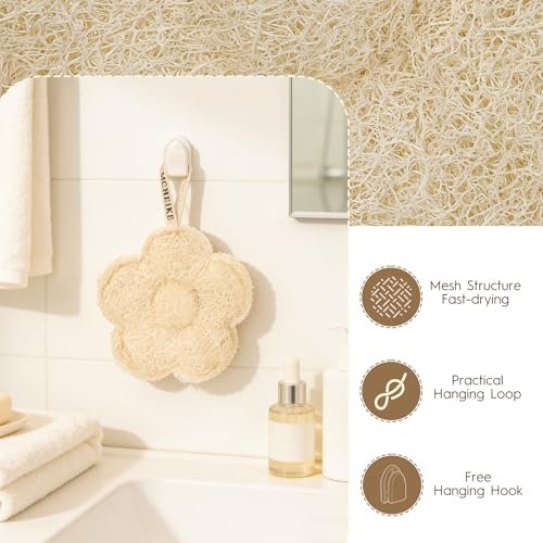 EMCHEIKE Natural Loofah Exfoliating Body Scrubber – 3 Pack Egyptian Shower Loofah Sponge with Adhesive Hook Avelisse