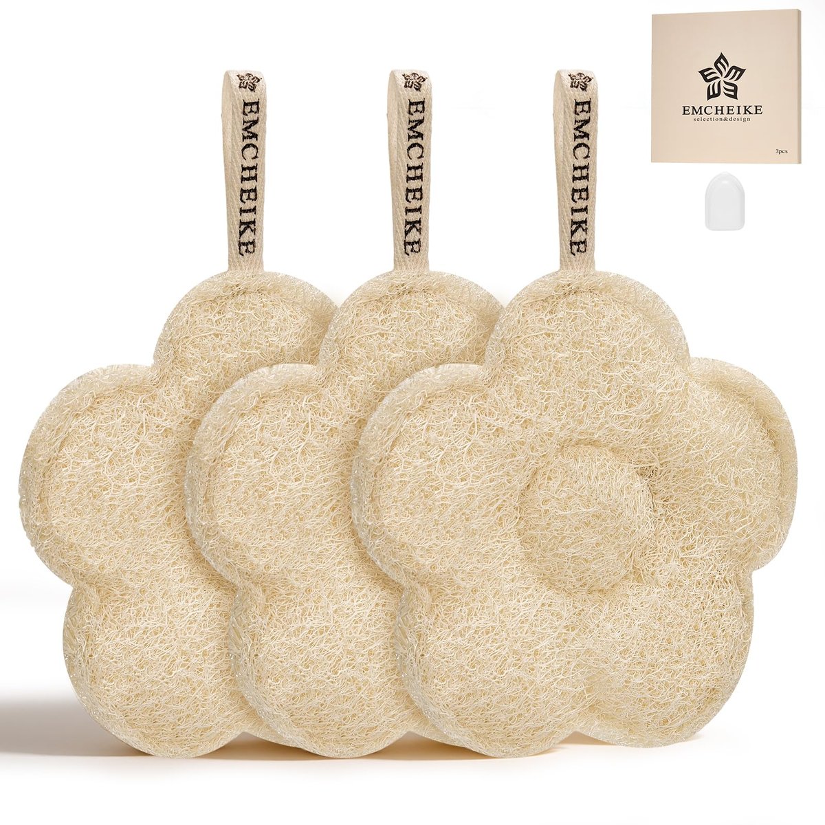 EMCHEIKE Natural Loofah Exfoliating Body Scrubber – 3 Pack Egyptian Shower Loofah Sponge with Adhesive Hook Avelisse