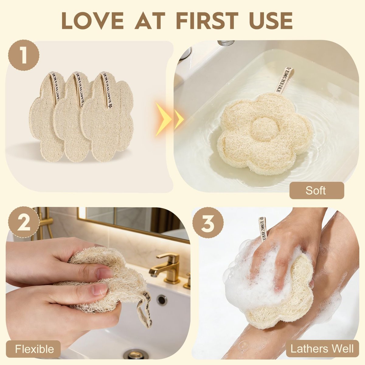 EMCHEIKE Natural Loofah Exfoliating Body Scrubber – 3 Pack Egyptian Shower Loofah Sponge with Adhesive Hook Avelisse