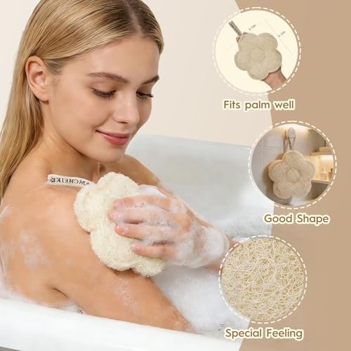 EMCHEIKE Natural Loofah Exfoliating Body Scrubber – 3 Pack Egyptian Shower Loofah Sponge with Adhesive Hook Avelisse