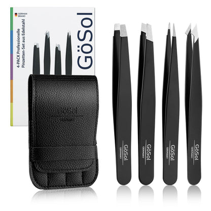 4-Piece Professional Stainless Steel Tweezers Set - Slant, Pointed & Flat Tips for Eyebrow & Facial Hair Removal