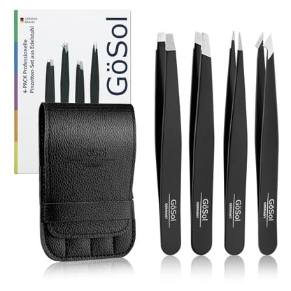 4-Piece Professional Stainless Steel Tweezers Set - Slant, Pointed & Flat Tips for Eyebrow & Facial Hair Removal