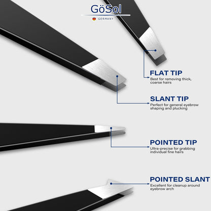 4-Piece Professional Stainless Steel Tweezers Set - Slant, Pointed & Flat Tips for Eyebrow & Facial Hair Removal