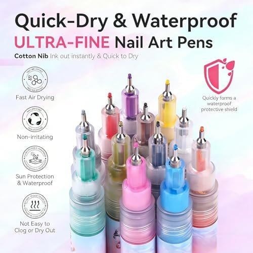 MUZAMOX Nail Art Pens - 12-Color Kit with 0.5mm Fine Tip, Quick-Dry Nail Polish Pens for Painting, Dotting & Drawing Designs Avelisse