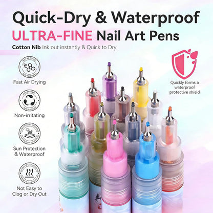 MUZAMOX Nail Art Pens - 12-Color Kit with 0.5mm Fine Tip, Quick-Dry Nail Polish Pens for Painting, Dotting & Drawing Designs Avelisse