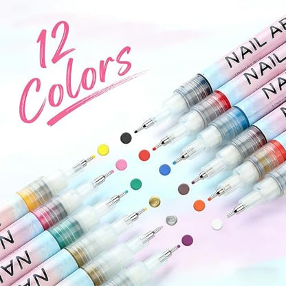MUZAMOX Nail Art Pens - 12-Color Kit with 0.5mm Fine Tip, Quick-Dry Nail Polish Pens for Painting, Dotting & Drawing Designs Avelisse