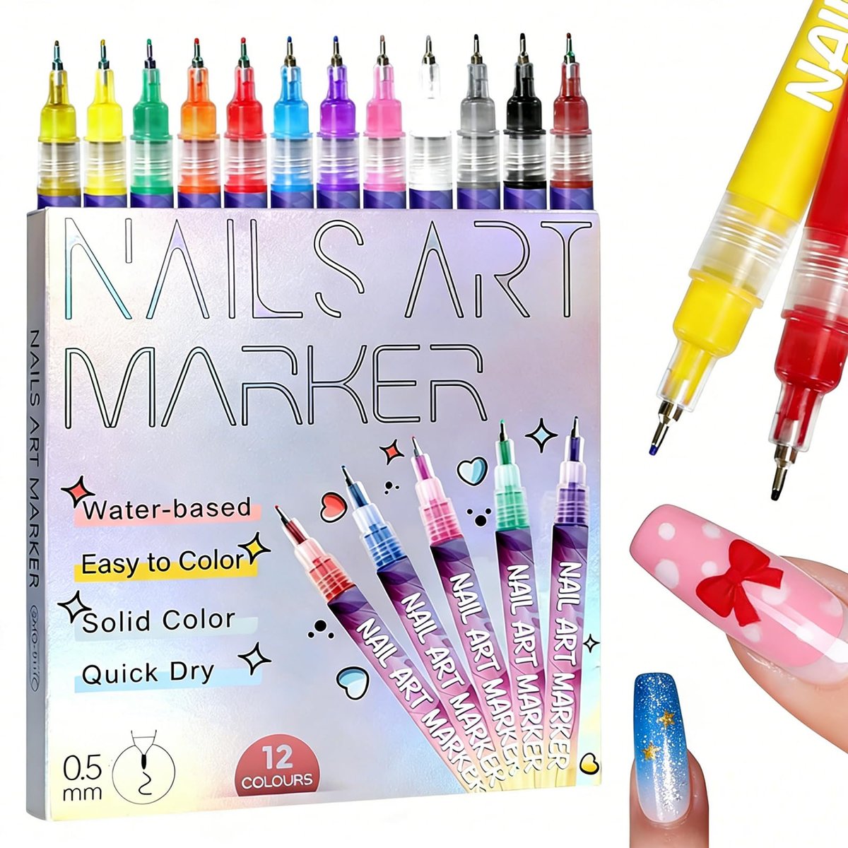 MUZAMOX Nail Art Pens - 12-Color Kit with 0.5mm Fine Tip, Quick-Dry Nail Polish Pens for Painting, Dotting & Drawing Designs Avelisse