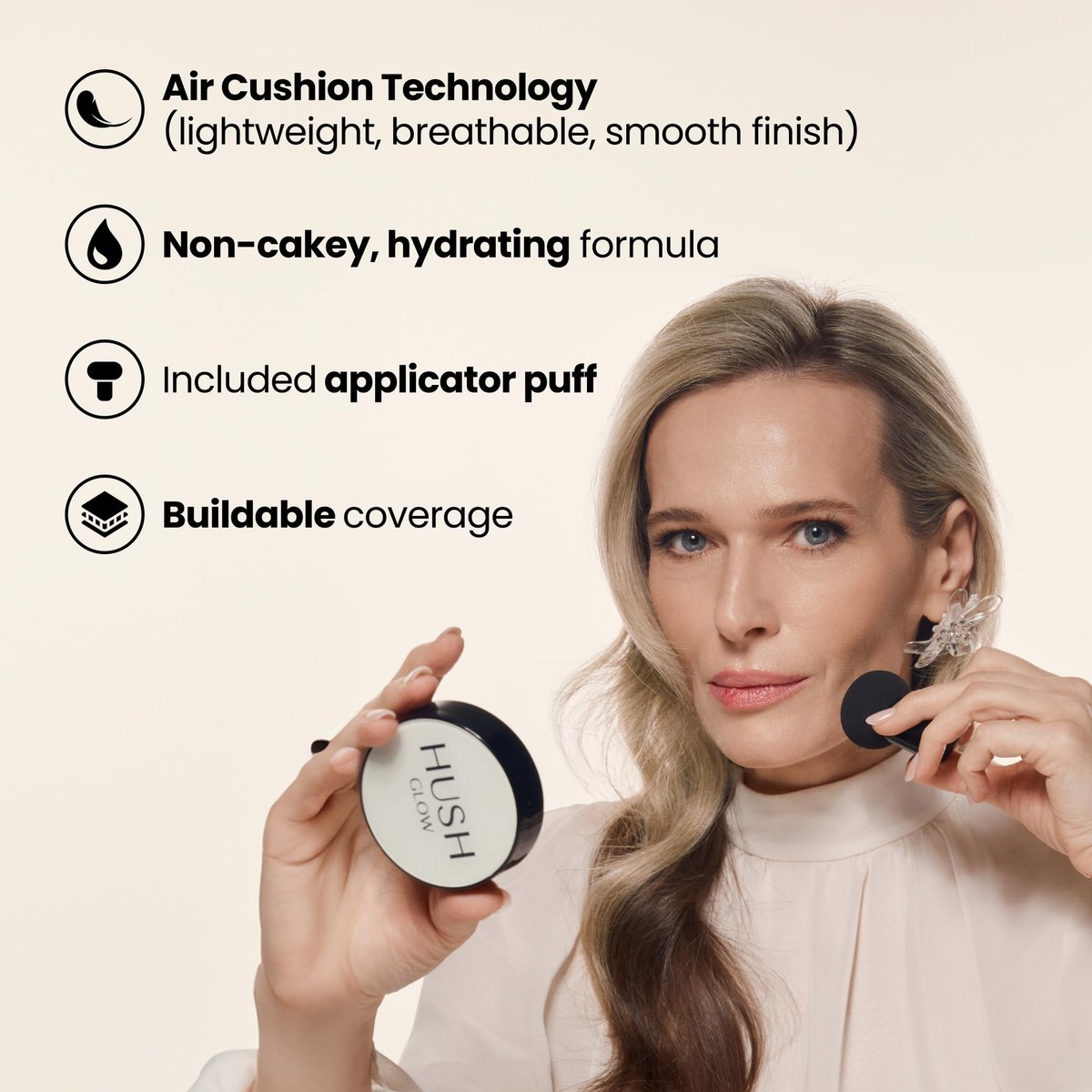 Hush Glow™ Foundation Cushion SPF 30 – Skincare-Infused Lightweight Foundation with Mushroom Applicator for Mature Skin, Hyaluronic Acid & Peptides, Buildable Natural Coverage (Brunet Brown) Avelisse