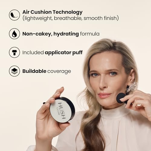 Hush Glow™ Foundation Cushion SPF 30 – Skincare-Infused Lightweight Foundation with Mushroom Applicator for Mature Skin, Hyaluronic Acid & Peptides, Buildable Natural Coverage (Brunet Brown) Avelisse