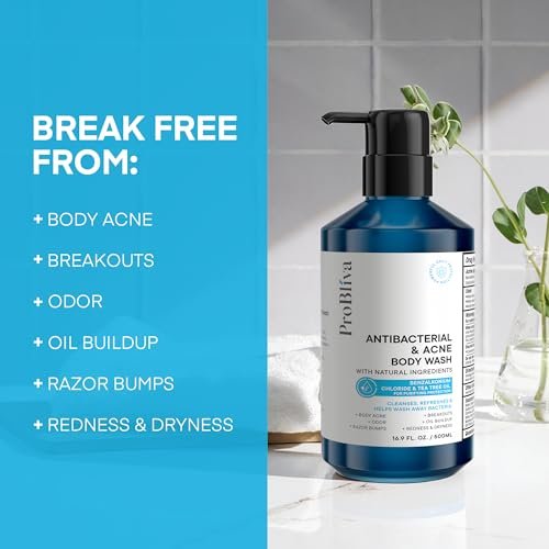 ProBliva Antibacterial Body Wash for Body Acne & Breakouts - Tea Tree Cleanser for Back Acne, Body Odor & Razor Bumps - Daily Body Wash for Oily & Acne-Prone Skin, Men & Women, 16.9 fl oz Avelisse