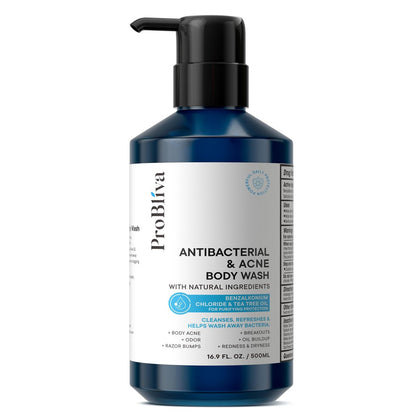 ProBliva Antibacterial Body Wash for Body Acne & Breakouts - Tea Tree Cleanser for Back Acne, Body Odor & Razor Bumps - Daily Body Wash for Oily & Acne-Prone Skin, Men & Women, 16.9 fl oz Avelisse