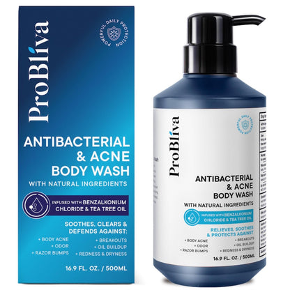 ProBliva Antibacterial Body Wash for Body Acne & Breakouts - Tea Tree Cleanser for Back Acne, Body Odor & Razor Bumps - Daily Body Wash for Oily & Acne-Prone Skin, Men & Women, 16.9 fl oz Avelisse