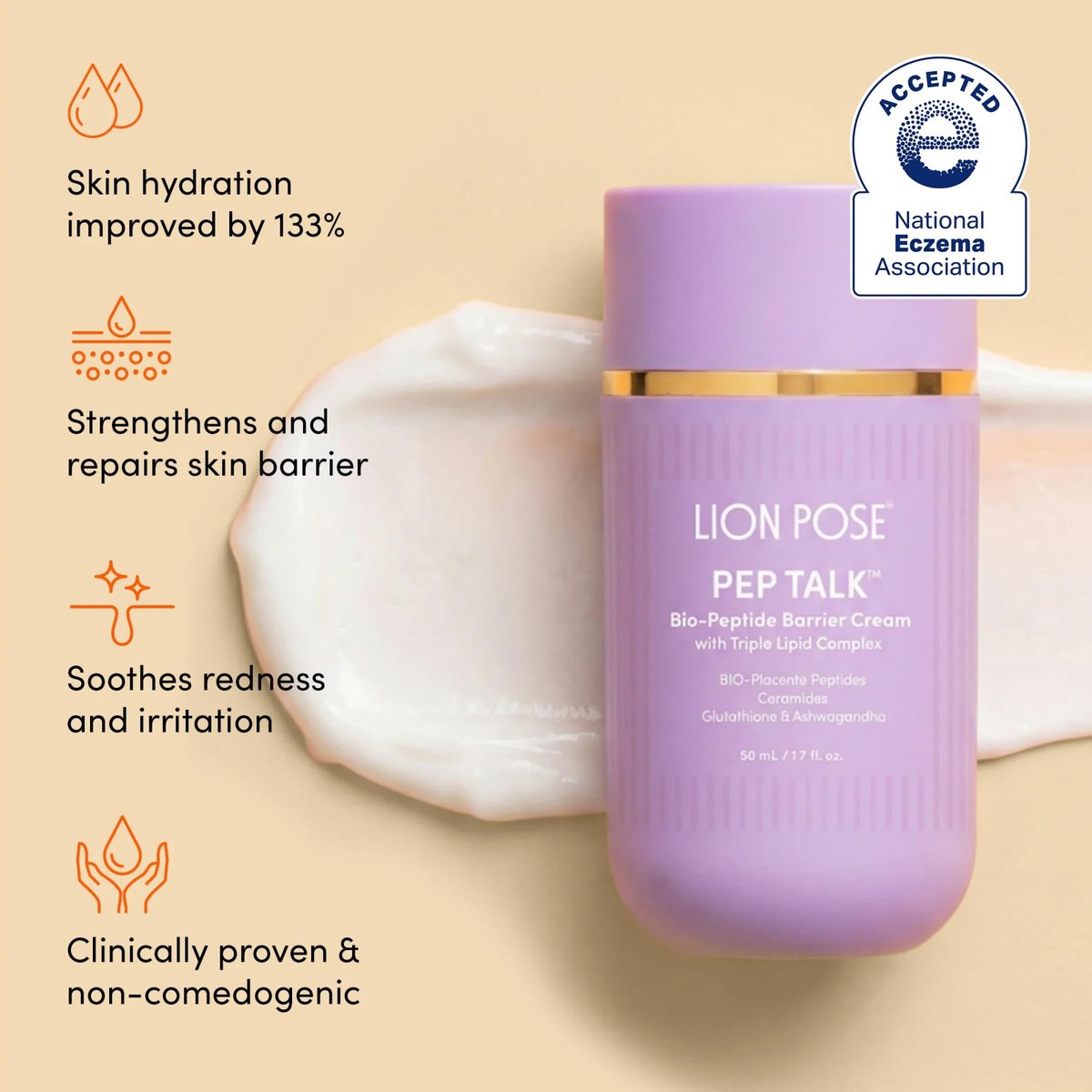 LION POSE Pep Talk Bio-Placenta Barrier Repair Cream for Redness & Dryness - Face and Body Moisturizer with Ceramides, Glutathione, and Ashwagandha - 1.7 fl oz Avelisse