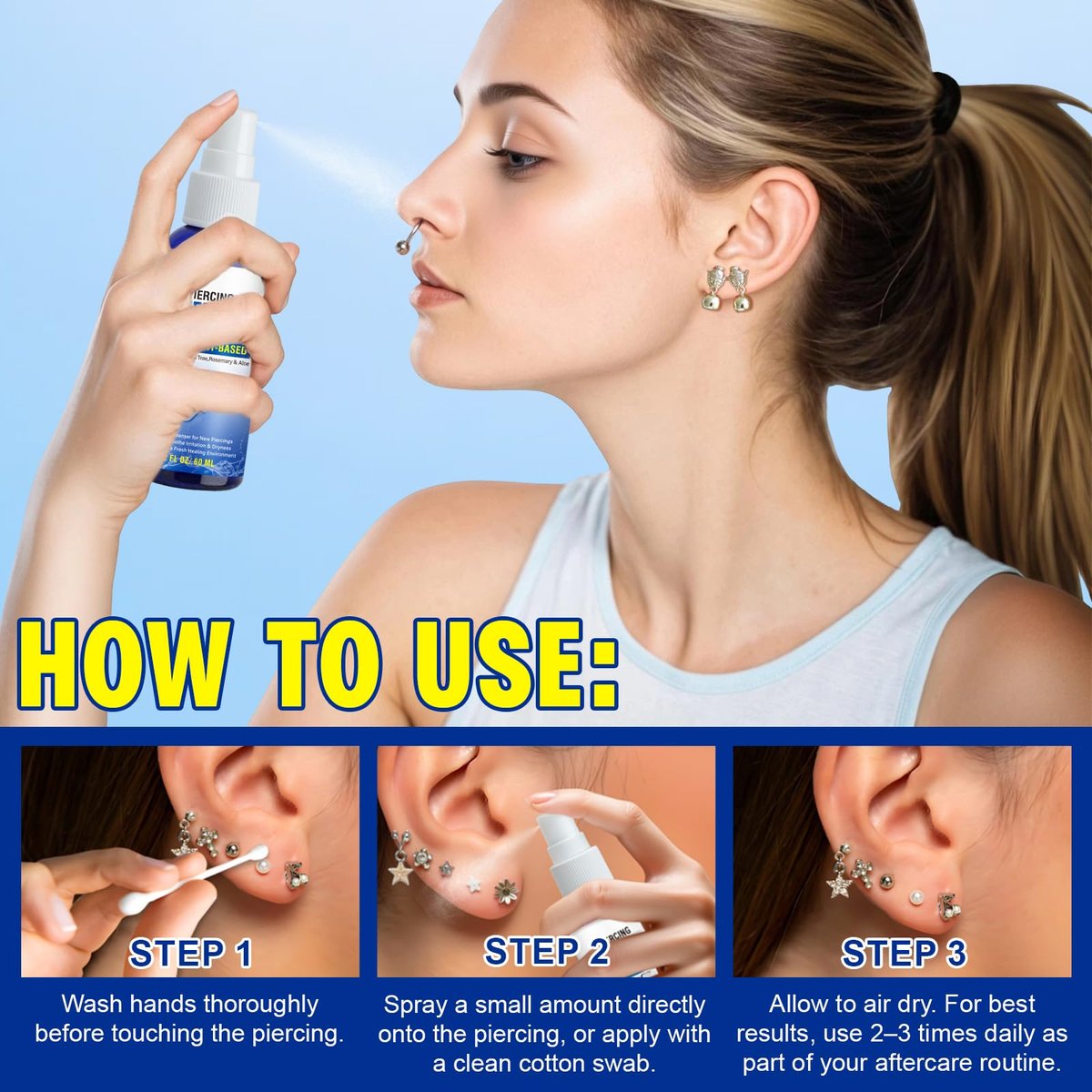 Piercing Aftercare Spray - Saline Solution for Ear, Nose, Navel & Body Piercing Cleaner & Soothing, 60ml - görsel 12