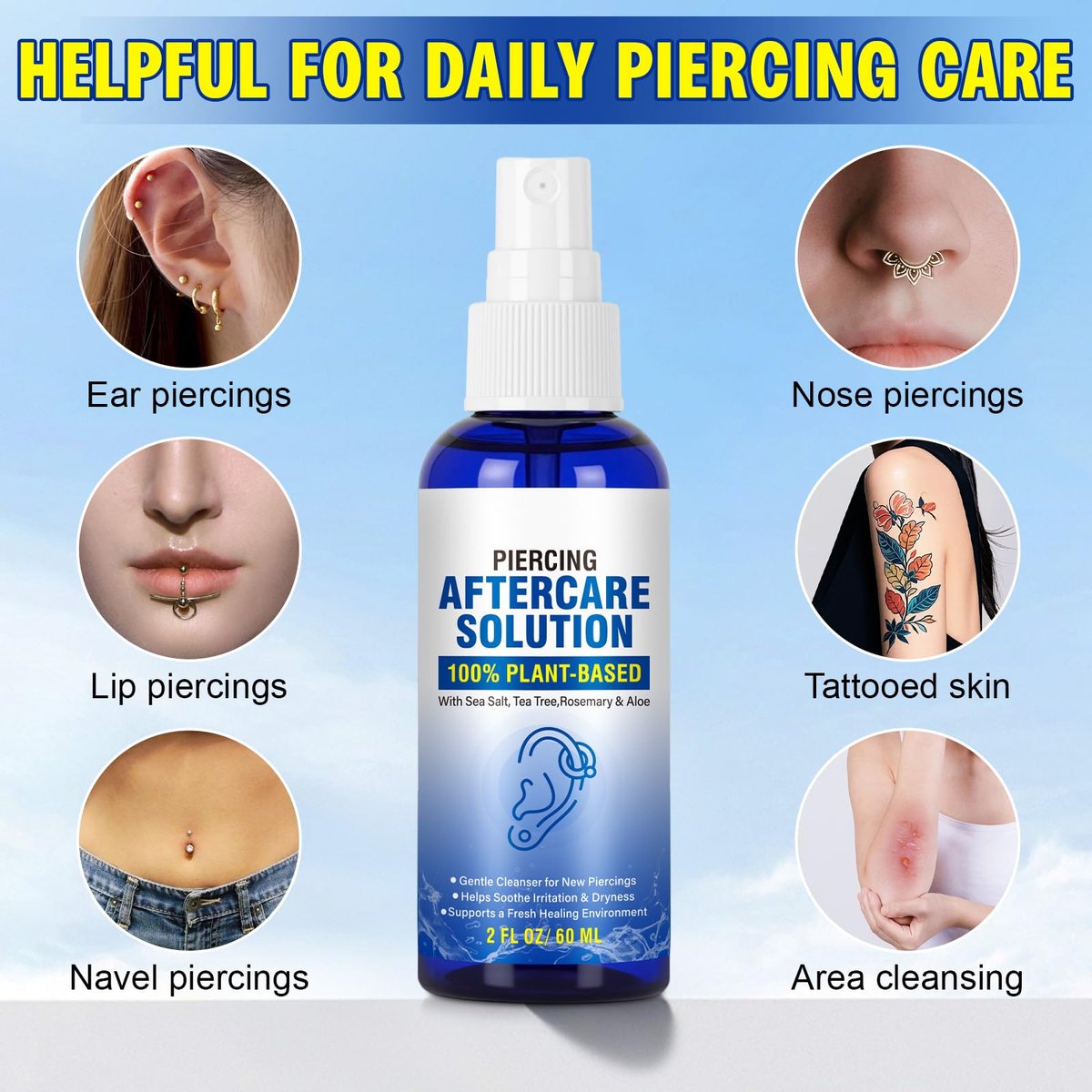 Piercing Aftercare Spray - Saline Solution for Ear, Nose, Navel & Body Piercing Cleaner & Soothing, 60ml - görsel 6