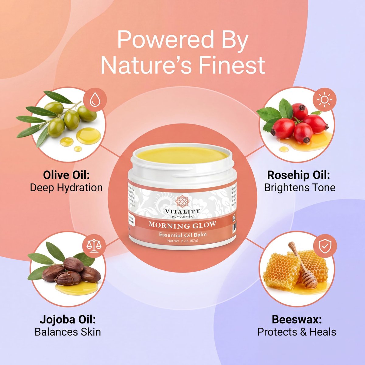 Vitality Extracts Morning Glow Essential Oil Balm - Daily Skin Hydration with Beeswax & Vitamin E for All Skin Types, 2 oz Avelisse
