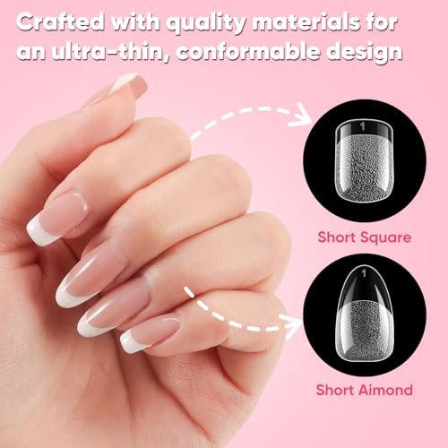 Short Almond & Short Square Gel Nail Tips Kit - 240Pcs Pre-Etched Clear Fake Nails in 12 Sizes with 5-in-1 Gel Glue, Nail Glue Remover, UV LED Lamp and Nail Stand - Gifts for Women Girls - görsel 4
