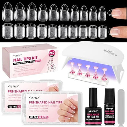 Short Almond & Short Square Gel Nail Tips Kit - 240Pcs Pre-Etched Clear Fake Nails in 12 Sizes with 5-in-1 Gel Glue, Nail Glue Remover, UV LED Lamp and Nail Stand - Gifts for Women Girls