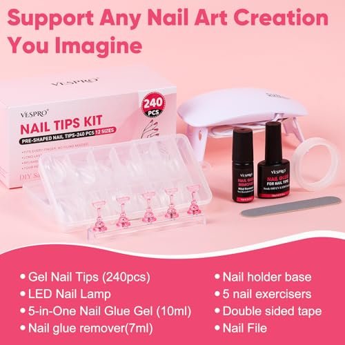 Short Almond & Short Square Gel Nail Tips Kit - 240Pcs Pre-Etched Clear Fake Nails in 12 Sizes with 5-in-1 Gel Glue, Nail Glue Remover, UV LED Lamp and Nail Stand - Gifts for Women Girls - görsel 14