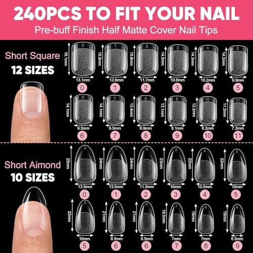 Short Almond & Short Square Gel Nail Tips Kit - 240Pcs Pre-Etched Clear Fake Nails in 12 Sizes with 5-in-1 Gel Glue, Nail Glue Remover, UV LED Lamp and Nail Stand - Gifts for Women Girls - görsel 8