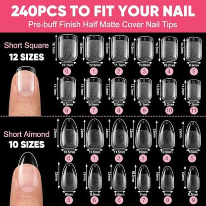 Short Almond & Short Square Gel Nail Tips Kit - 240Pcs Pre-Etched Clear Fake Nails in 12 Sizes with 5-in-1 Gel Glue, Nail Glue Remover, UV LED Lamp and Nail Stand - Gifts for Women Girls
