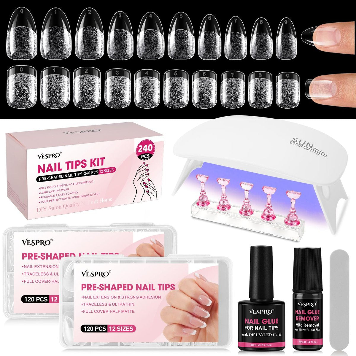 Short Almond & Short Square Gel Nail Tips Kit - 240Pcs Pre-Etched Clear Fake Nails in 12 Sizes with 5-in-1 Gel Glue, Nail Glue Remover, UV LED Lamp and Nail Stand - Gifts for Women Girls - görsel 1