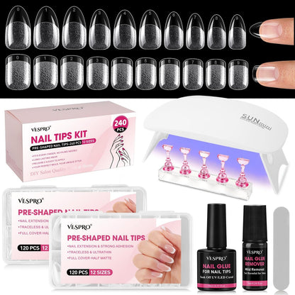 Short Almond & Short Square Gel Nail Tips Kit - 240Pcs Pre-Etched Clear Fake Nails in 12 Sizes with 5-in-1 Gel Glue, Nail Glue Remover, UV LED Lamp and Nail Stand - Gifts for Women Girls