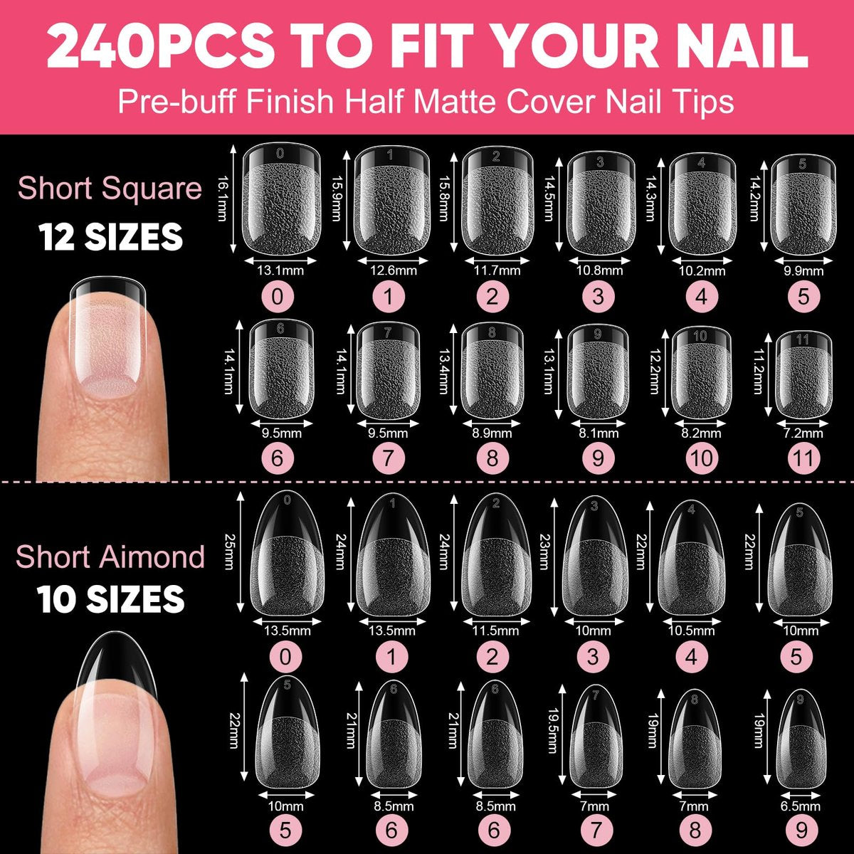 Short Almond & Short Square Gel Nail Tips Kit - 240Pcs Pre-Etched Clear Fake Nails in 12 Sizes with 5-in-1 Gel Glue, Nail Glue Remover, UV LED Lamp and Nail Stand - Gifts for Women Girls - görsel 7