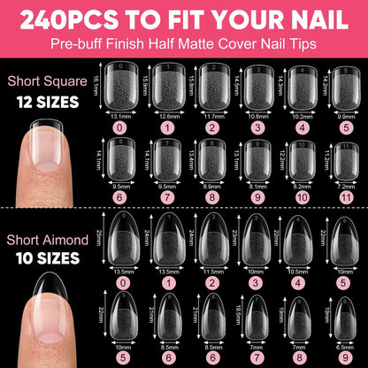 Short Almond & Short Square Gel Nail Tips Kit - 240Pcs Pre-Etched Clear Fake Nails in 12 Sizes with 5-in-1 Gel Glue, Nail Glue Remover, UV LED Lamp and Nail Stand - Gifts for Women Girls