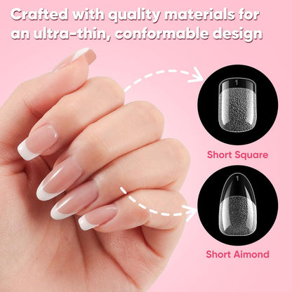Short Almond & Short Square Gel Nail Tips Kit - 240Pcs Pre-Etched Clear Fake Nails in 12 Sizes with 5-in-1 Gel Glue, Nail Glue Remover, UV LED Lamp and Nail Stand - Gifts for Women Girls