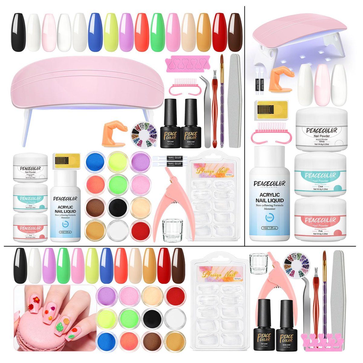PEACECOLOR Acrylic Nail Kit with UV Light – 3 Pcs Acrylic Powder, Glitter Powder, Rhinestones – Complete Acrylic Set for Beginners, Gift for Women Avelisse