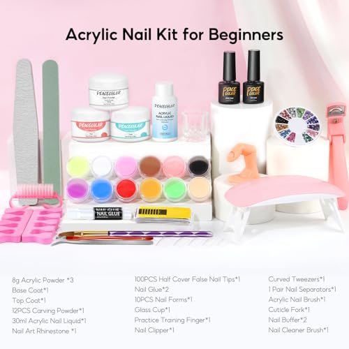 PEACECOLOR Acrylic Nail Kit with UV Light – 3 Pcs Acrylic Powder, Glitter Powder, Rhinestones – Complete Acrylic Set for Beginners, Gift for Women Avelisse