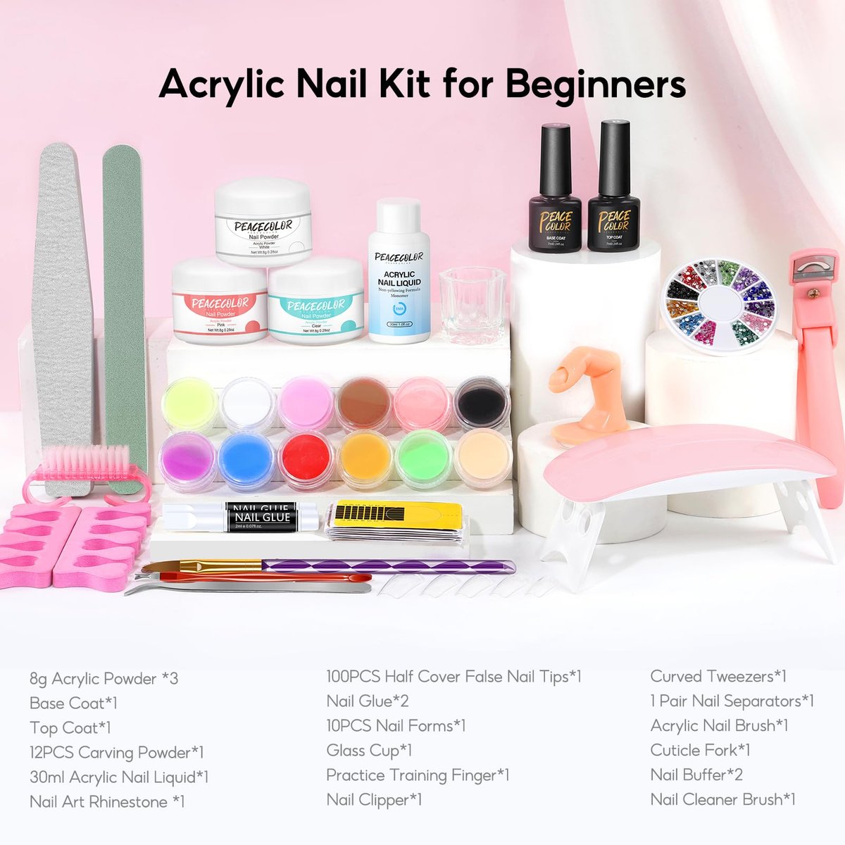 PEACECOLOR Acrylic Nail Kit with UV Light – 3 Pcs Acrylic Powder, Glitter Powder, Rhinestones – Complete Acrylic Set for Beginners, Gift for Women Avelisse
