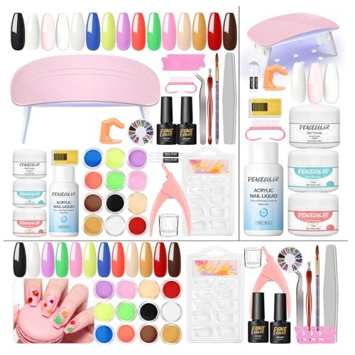 PEACECOLOR Acrylic Nail Kit with UV Light – 3 Pcs Acrylic Powder, Glitter Powder, Rhinestones – Complete Acrylic Set for Beginners, Gift for Women Avelisse