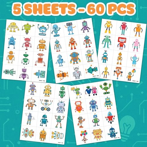 Cute Robot Temporary Tattoos for Kids - 60 PCS (5 Sheets) Pre-Cut Robot Stickers, Party Favors, Birthday Decorations, Classroom Prizes - görsel 4