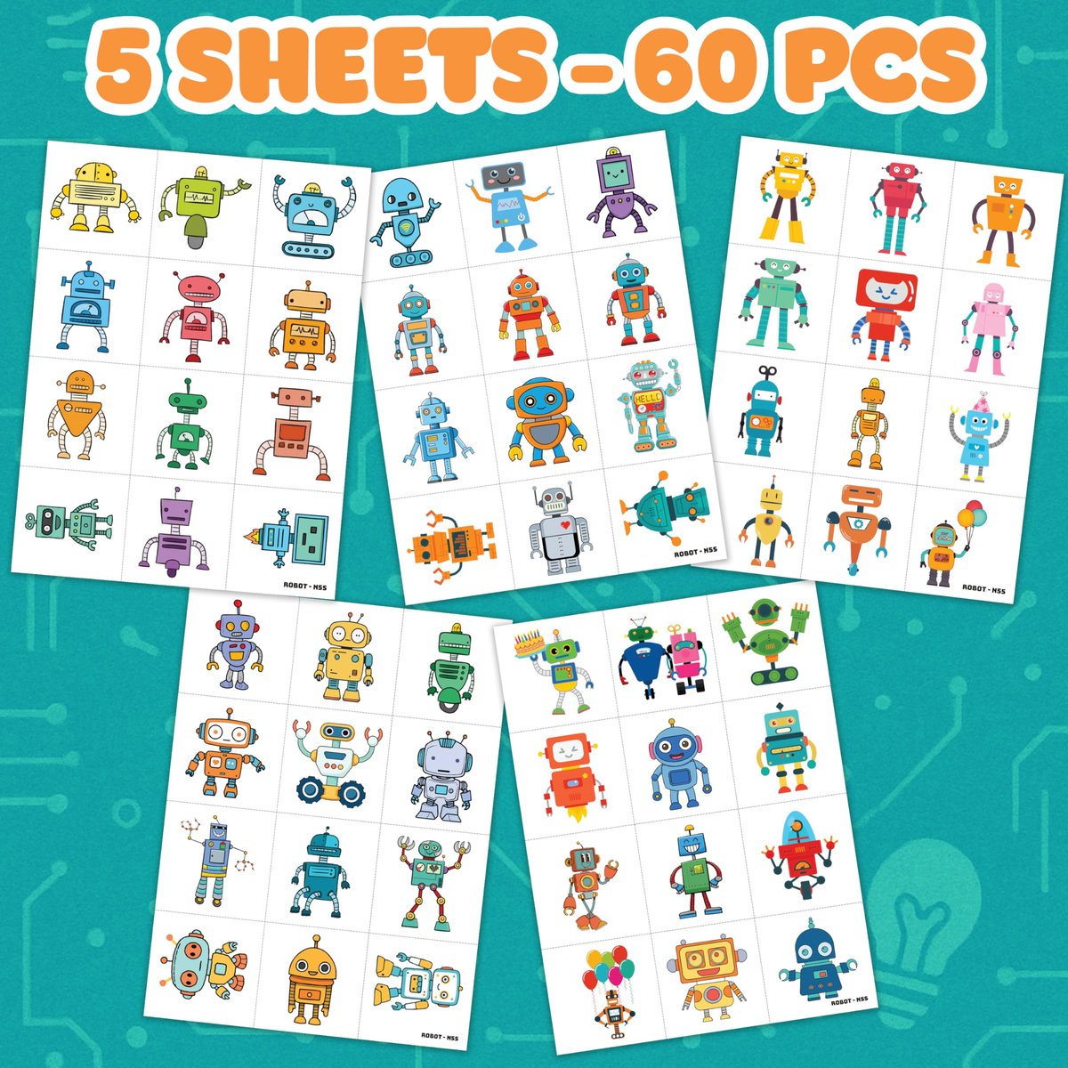 Cute Robot Temporary Tattoos for Kids - 60 PCS (5 Sheets) Pre-Cut Robot Stickers, Party Favors, Birthday Decorations, Classroom Prizes - görsel 3