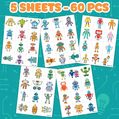 Cute Robot Temporary Tattoos for Kids - 60 PCS (5 Sheets) Pre-Cut Robot Stickers, Party Favors, Birthday Decorations, Classroom Prizes
